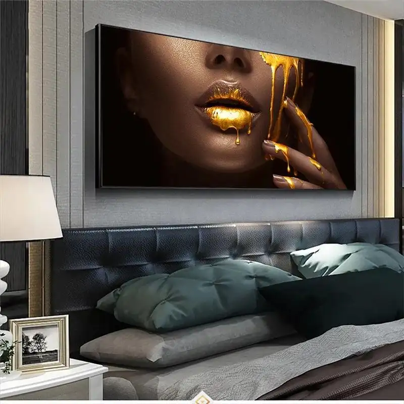 Sexy Lip Black African Woman Painting Wall Art Gold Modern Customised Printed Canvas UV Printing Decorative Painting Portrait