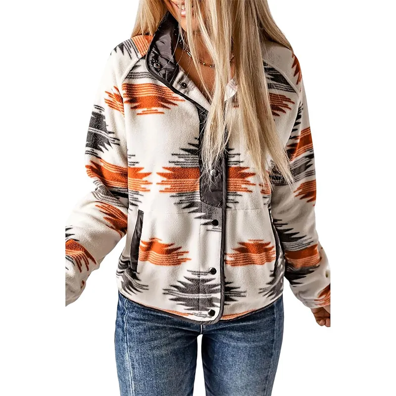 महिलाओं की ऊन जैकेट पश्चिमी एज़्टेक प्रिंट लंबी आस्तीन स्नैप बटन नीचे शॉकेट जैकेट जैकेट
