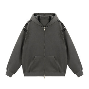 Sweat à capuche zippé en molleton français 100% coton, avec logo personnalisé, patch brodé et effet vieilli, pour homme - Product Image 5