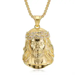 RFJEWEL Impermeável Hip Hop Aço Inoxidável 18K Banhado A Ouro CZ Jesus Jóias Pingente Colar