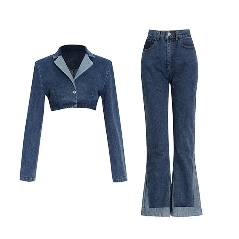 Design personalizado cor lisa cropped top para mulheres, corte slim fit de cor azul patchwork 2 peças jeans conjunto mulheres