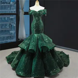 Serene Hill — robe de mariée verte style sirène, Sexy, tenue de mariage, épaules dénudées, paillettes scintillantes, avec photo réelle, hm68886, modèle 2020