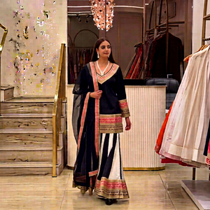 Ensemble indien pakistanais noir et blanc, haut long brodé, dupatta en dentelle, jupe imprimée, tenue de fête de mariage - Product Image 1