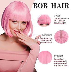 Parrucca Bob Rosa SUKRI Senza Pizzo con Frangia Corta Liscia 12 Pollici Leggera Resistente al Calore in Fibra ad Alta Temperatura dall'Aspetto Naturale per Uso Quotidiano - Product Image 4