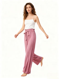 Pantalon large taille haute à volants en soie glacée pour femme, coupe régulière, doux et féminin, idéal pour l'été, le bureau, les rendez-vous ou le quotidien – En stock - Product Image 4