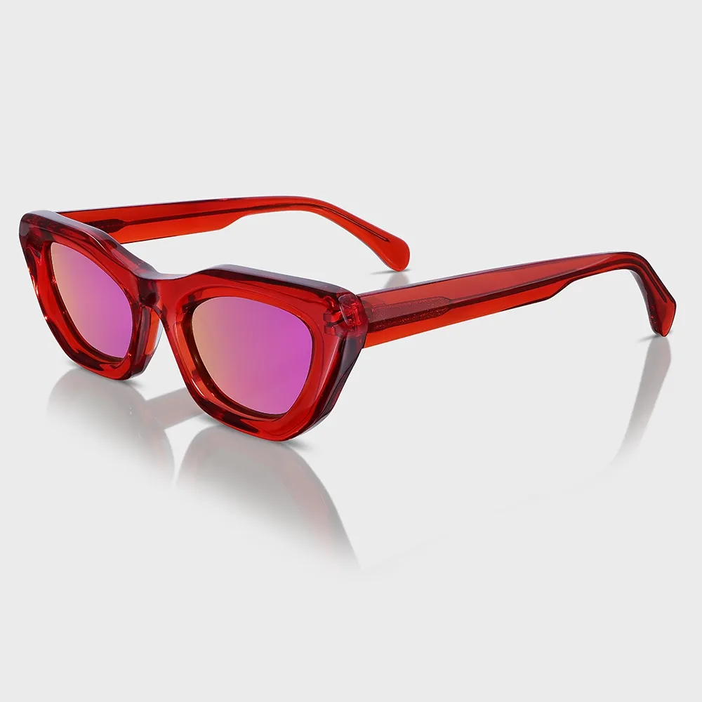 Yeetian Custom Bold Red Cat Eye Frame Flash Anti Reflective Coating Lenses Bevel Design Thick Acetate Sunglasses