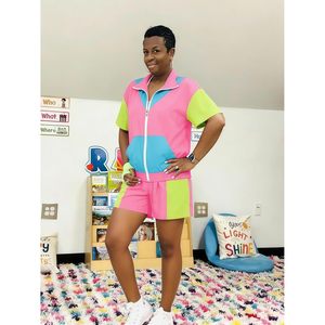 Conjunto Deportivo Color Block de los 80 para Mujer, Chaqueta Cortavientos con Cierre y Pantalones Cortos, Estilo Y2K, Transpirable, para Verano - Product Image 4
