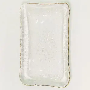 Platos de cristal transparentes rectangulares hechos a mano, pequeños, para postre, pastel, cena, con cuentas de cristal