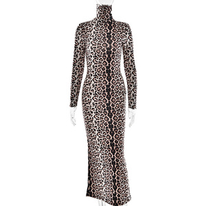 Robe imprimée léopard, col haut, manches longues, style moulant, robe tendance pour femmes - Product Image 5