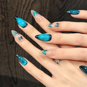 <span class=keywords><strong>Uñas</strong></span> Acrílicas Blue Enchantress con Efecto Ojo <span class=keywords><strong>de</strong></span> Gato Azul Oscuro Brillante y Mariposas Flotantes, <span class=keywords><strong>Uñas</strong></span> Postizas <span class=keywords><strong>de</strong></span> Cobertura Total con Pegamento - Product Image 4