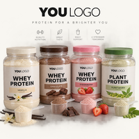 Emballage personnalisé pour poudre de protéines en marque privée, pot en PET transparent avec couvercle à logo pour les marques de compléments alimentaires à base de protéines de lactosérum et de protéines végétales, vente en gros
