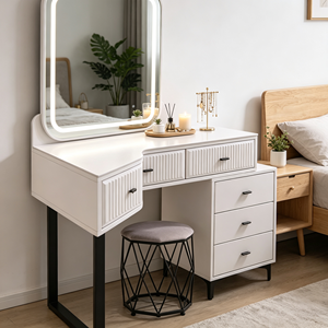 Modern <b>Makeup</b> <b>Vanity</b> With Lighted <b>Mirror</b> Storage Drawers Bedroom Dressing Table With Stool - Product Image 5