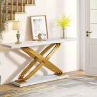Tribesigns Table console moderne en bois de 140 cm (55 pouces) pour entrée, luxe, blanc et or avec plateau en marbre, meubles de salon