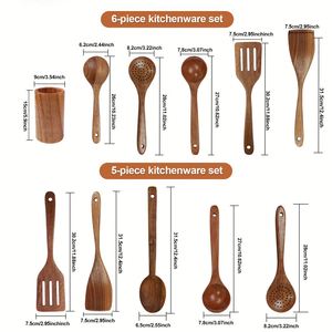 Ustensiles de cuisine 5/6/10 pièces, couverts en bois, cuillères en bois, cuillères à dessert, cuillères à soupe avec support - Product Image 2