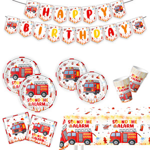 Fire Truck Party Supplies Birthday Decoration Set <b>Paper</b> Plates Cups <b>Tablecloth</b> Banner Disposable Kids 2-4 Years - Product Image 3