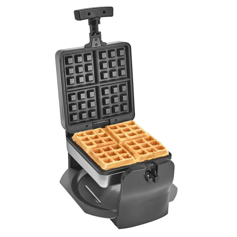 1000 Watts Square Shape 4 Slice Rotary Waffle Maker With Browning Control and Oil Drip Tray