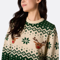 Pull-over unisexe en coton 100% jacquard tricoté plat, col rond, manches longues, motif élan de Noël, couleur unie sésame, pour l'hiver