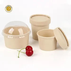 Recipiente Biodegradable de papel de bambú para taza de helado y sopa, con tapas de papel de cartón