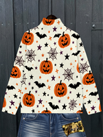 Suéter de cuello alto para mujer con diseño de calabaza y murciélago de Halloween, tejido por computadora, con transferencia térmica, personalizado para uso diario informal o festivo