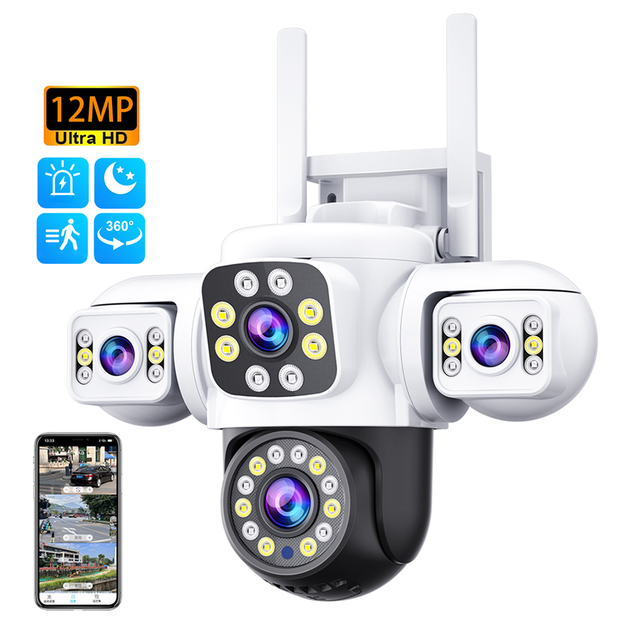 Outdoor 3 Lens 3 Screen Video Record 12MP Night Vision PTZ Home Security Camera System Wifi Security Camera CCTV Camera
