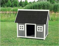 Jaula para Perros Moderna de Madera Gris, Ecológica e Impermeable, con Techo de Asfalto, Refugio Elevado para Exteriores y Ventanas Decorativas