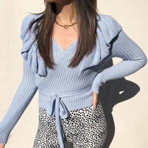 Maglione Sexy da <span class=keywords><strong>Donna</strong></span> Personalizzato, Ultima Moda Autunnale, Tinta Unita, Scollo a V con Lacci e Volant, Top Alla Moda - Product Image 4