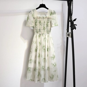 Abito Lungo da Donna Stile <span class=keywords><strong>Palazzo</strong></span> Retrò 2025 di Tendenza, Collo Alto, Maniche a Sbuffo, Stampa Digitale in Pizzo, Asimmetrico Naturale, Casual - Product Image 1