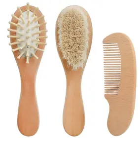 Set de 3 brosses à cheveux pour bébé avec poils de chèvre doux Kit de toilettage pour bébé avec peigne pour bébé Brosse de massage en bois