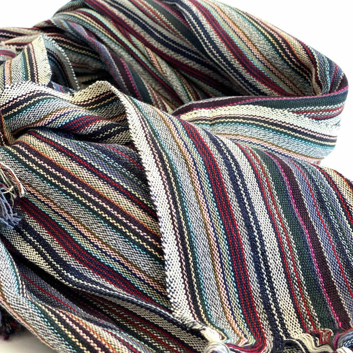 HMS 39\" X 71\" Beige and Indigo Striped Turkish Cotton Towel Throw Blanket with Tassels
