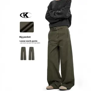 Pantalones Cargo Rectos Color Verde <span class=keywords><strong>Militar</strong></span> Americano 11KN, Unisex, Lavados, con Cinturón, Estilo Simple, Moderno, Retro, Holgados e Informales - Product Image 1