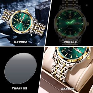 Baround Men's Quartz Watch Green Dial Stainless Steel Band Waterproof Luminous Calendar Business Style Wristwatch - Product Image 3