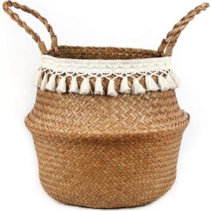 Woven straw flower pot <b>basket</b>, <b>foldable</b> woven flower <b>basket</b>, plant floor bag, Nordic style portable sundry <b>basket</b> - Product Image 3