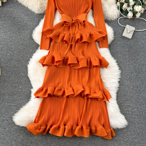 Abito Lungo da Sera <span class=keywords><strong>con</strong></span> Volant e Maniche Lunghe, Tessuto Solido, Vendita Calda del Produttore - Product Image 2