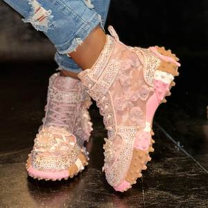 Women's Rhinestone Floral Thick Sole <b>Sneakers</b>, Casual Daily Walking <b>Shoes</b>, Bling Floral Pattern Upper for Outdoor Party Wear - Product Image 2