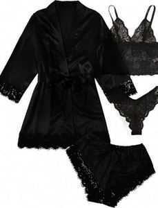 Ensemble de pyjama sexy pour femmes, 4 pièces, taille élastique, respirant, dentelle, viscose, satin, vêtements de nuit pour la maison - Product Image 4