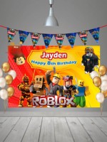 Décoration de table de dessert pour fête d'anniversaire ROBLOX moderne bleue, avec topper de gâteau, bannière, guirlande, décoration photo personnalisée, panneau KT, unisexe