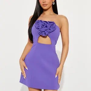 Wholesale Summer Clothes Mini Dresses Front Cut Out Off The Shoulder Custom Logo High Quality 3D Flower Fashion Women Dress
