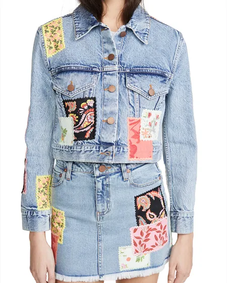 Floral Appliques Patch Design Vintage Style Customizable Denim Skirt Suit For Women