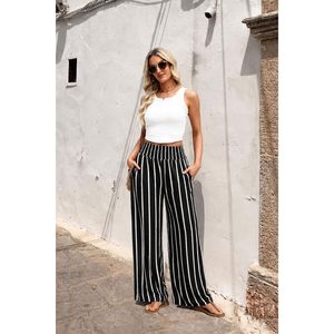 Pantalon large pour femme, taille haute, rayé noir et blanc, décontracté, été, plage, détente, tissu en mousseline respirant, taille M - Product Image 5