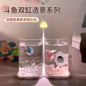 Acquario doppio speciale per pesci <span class=keywords><strong>Betta</strong></span> thailandesi, piccolo acquario da tavolo in vetro ad alta trasparenza, facile da mantenere, con illuminazione notturna. - Product Image 1