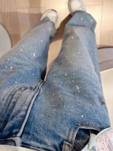 Jean large taille haute coupe droite orné de strass pour femme – Tendance - Product Image 5