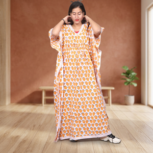 Vestido Kaftán Maxi Holgado con Estampado de Puntos Naranjas, Manga Corta, 100% Algodón, Transpirable, Ropa Casual de Verano, Cuello en V, Corte Recto - Product Image 4