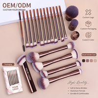 OEM ODM 20 pièces Ensemble de pinceaux de maquillage pour le visage en métal brun doré, étui de voyage, logo personnalisé, marque privée, pinceaux synthétiques, fond de teint