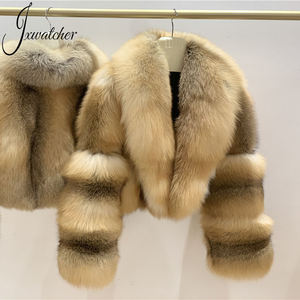 超高級 フルペルト 100% 天然毛皮コート レディース ショート丈 ウィンターファーコート ゴールデンアイランドフォックスファー クロップトップコート - Product Image 1