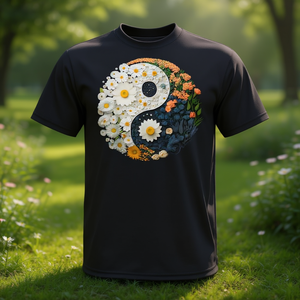T-shirt con simbolo floreale Yin Yang Taijitu, nera, taglia unisex per adulti - Product Image 3