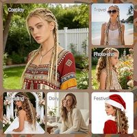 2 Pièces Extensions de Cheveux Synthétiques Tressées Style Bohème Viking à Clipser, Blond Doré 16 Pouces, avec Perles et Breloques