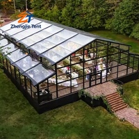 Tenda Atrium Aluminium Hitam Mewah Dinding Kaca Atap Transparan Kain PVC Tahan Air untuk Pernikahan dan Pameran Luar Ruangan
