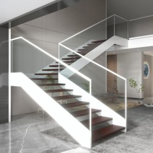 Escalera Recta Comercial de Doble Viga para Interiores con Barandilla de Vidrio y Tira de LED para Tiendas y Oficinas - Product Image 1