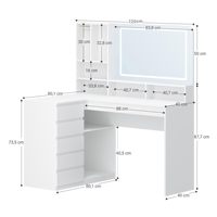 Coiffeuse moderne écologique avec éclairage LED, grand miroir, 5 tiroirs, 7 étagères ouvertes, 3 couleurs réglables