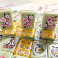 Jeu de Mahjong de Luxe Thème Panda Fleur de Cerisier Vert Sauge avec Dos à Motif Tissé Jaune – Édition Américaine
